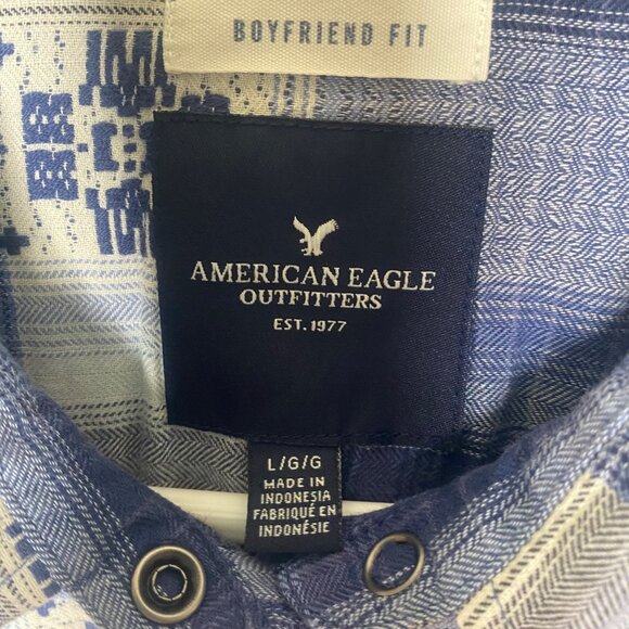 American Eagle Outfitters Snap Button Shirt Womens L Boyfriend Fit Plaid Blue We - Picture 2 of 10